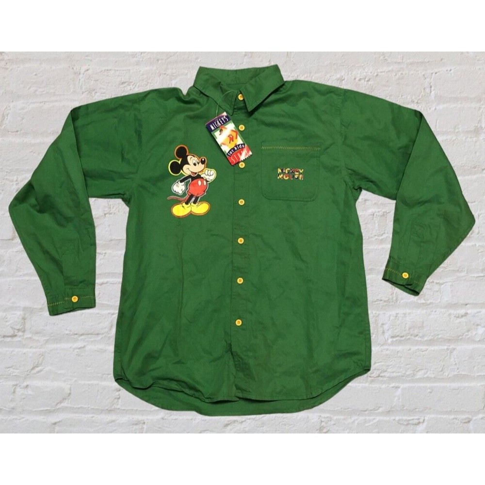 Vintage 90s Disney MICKEY MOUSE Green Long Sleeve Button Up Shirt Boys Size 14